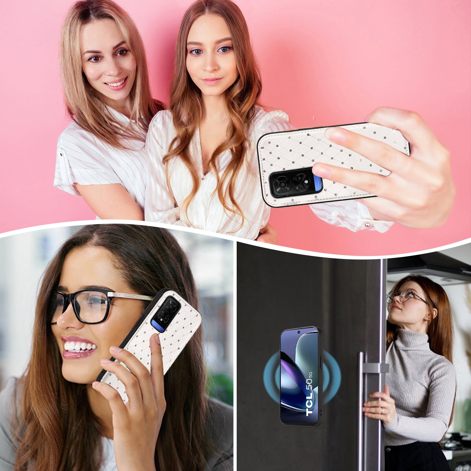 Asuwish Phone Case for TCL 50 5G/50 XE NXTPAPER/50 XE 5G Zipper Wallet Detachable Cell Cover with Tempered Glass Screen Protector Crossbody Lanyard Strap Glitter Flip Card Holder Slot Women White