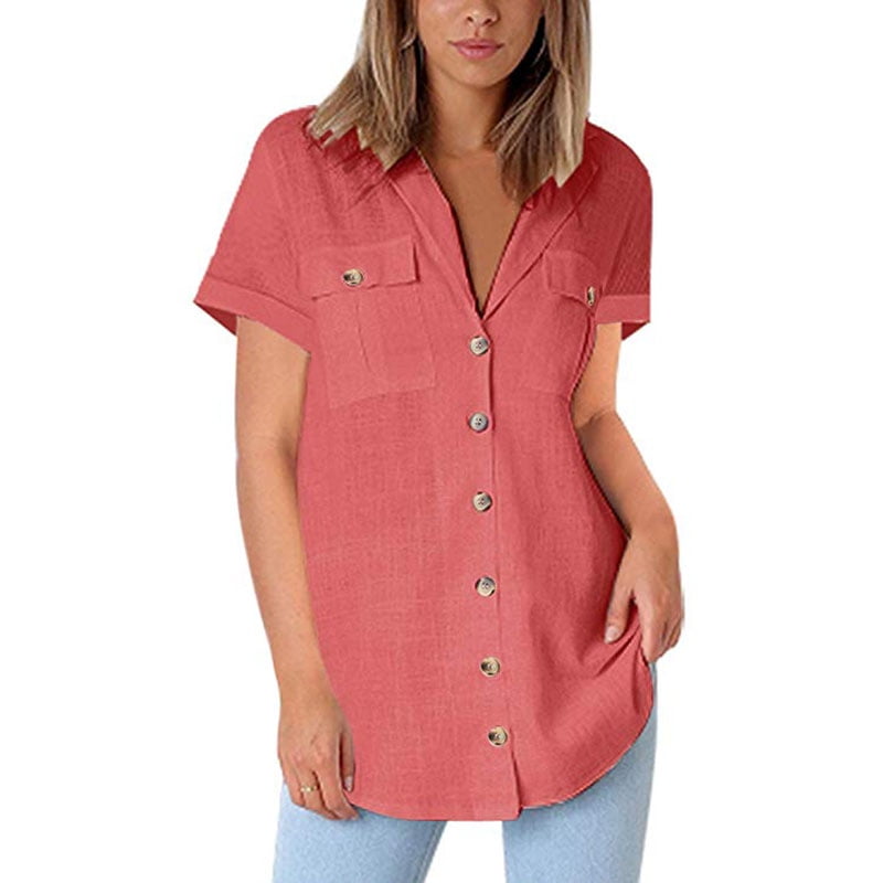 FNAC Women's Casual Button Down Blouse Shirts Cuffed Sleeve Loose T