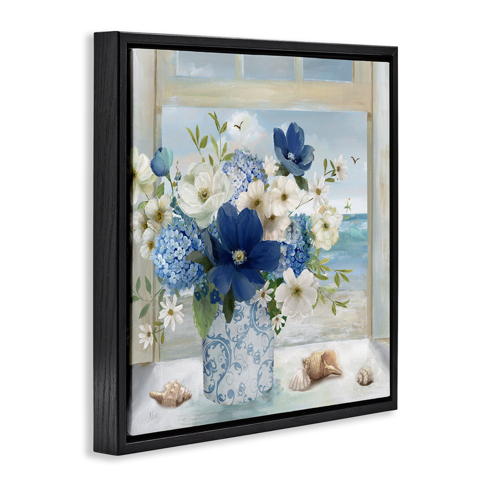 Stupell Industries Seaside Blue & White Arrangement Black Framed Floater Canvas Wall Art, design by Nan