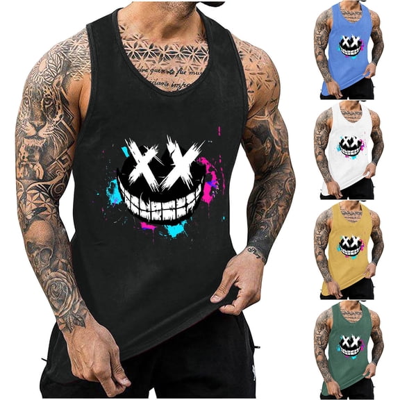 ZRGHAOYLQ Mens Face Graphic Print Tank Tops Stringer Trendy Sleeveless Shirts Big and Tall Baggy Tshirts Lightweight Breathable Crewneck Tops