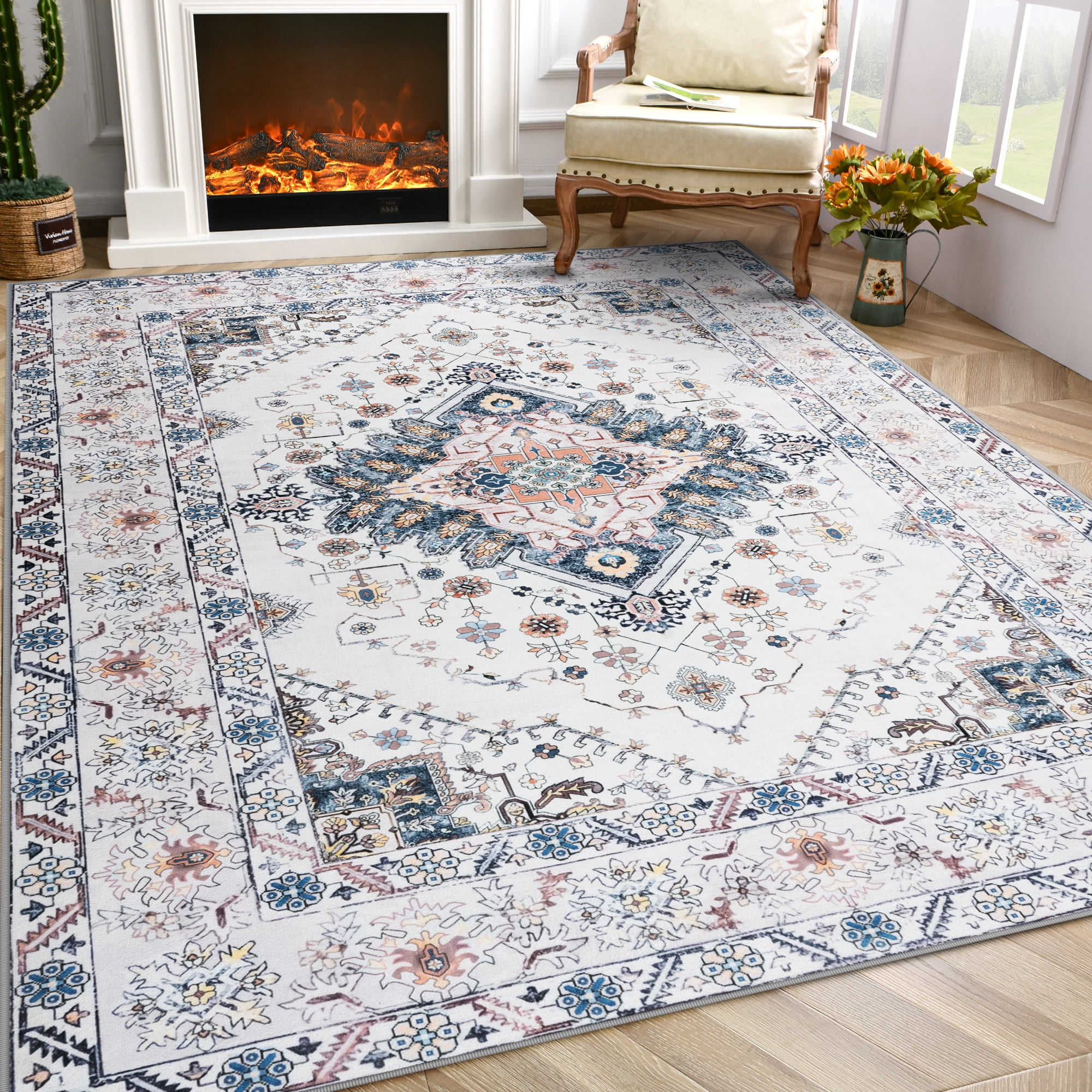 Softlife Ultra-Thin Chenille Vintage Area Rug Oriental Tribal Antique Carpet Boho Style, 9' x 11', Beige