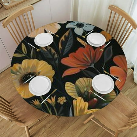 

Ullo0ord Bohemian Theme Table Cloth Cover Elastic Edge Flowers Pattern Waterproof Wipeable Round Table Cover for Family Kitchen for Round Tables Black Multi Color 31 -35