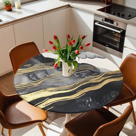 Round Fitted Tablecloth with Elastic Edge Gray Marble Abstract Stripe Fitted Table Cloth for Round Tables Gold Foil Modern Luxury Waterproof Tablecloth for Outdoor Picnic Party 36-44in