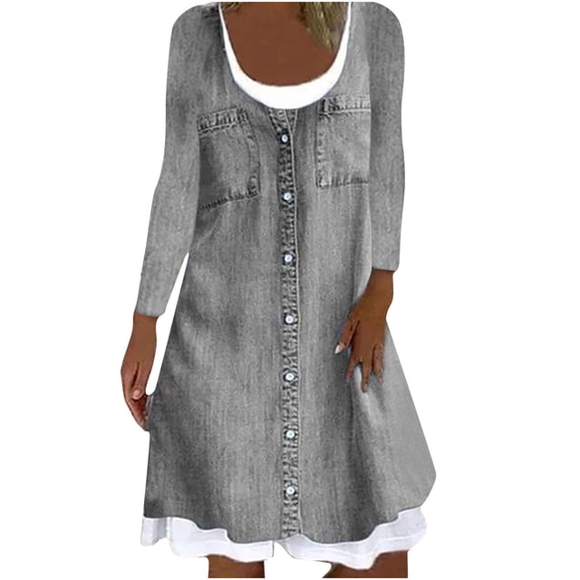 CEHVOM Robe Décontractée pour Femmes avec Poches, Manches Longues, Col Rond, Robe Ample