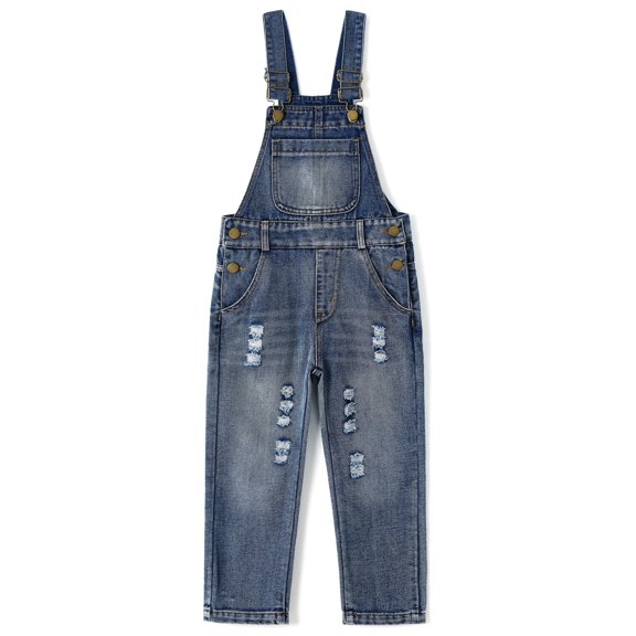 KIDSCOOL SPACE Girls Denim Overalls, Elastic Waistband Inside Washed Ripped Holes Jeans Jumpsuit, 4-5 Years