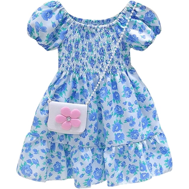 LAICAIW Robe d'Été à Volants Manches Bouffantes Mode Fille Mignonne Imprimé Floral Robe Princesse avec Sac à Bandoulière 16 (Bleu, 5-6 Ans)