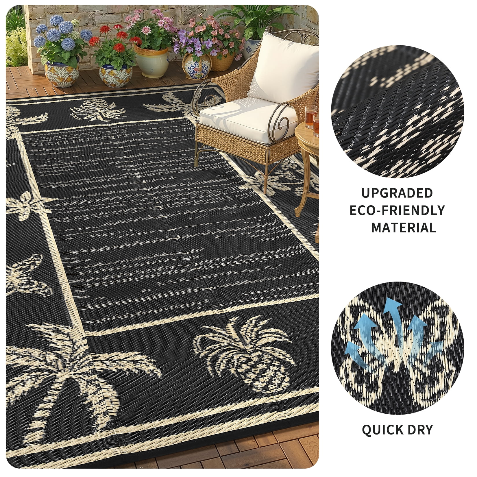 Nanan 9'x12' Outdoor Rug, Waterproof Reversible Patio Rug, Portable Foldable Floor Cover for Camping, Picnic, Beach, Deck, Backyard, Black Coffee