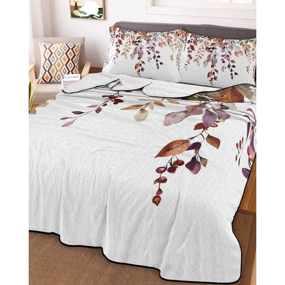 Fall Leaves Queen Size Down Alternative Comforter, Lightweight Comforter Quilt Bedding Set with Pillow Shams Farmhouse Watercolor Leaf Fruit Berry Plant All Seasons Bed Comforter Duvet Insert 90"x96"