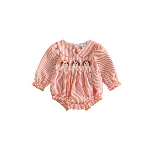 Baby Girl Thanksgiving Bubble Romper Striped Turkey Embroidered Long Sleeve Doll Collar Ruffle Bodysuit Cute Infant Fall Clothes