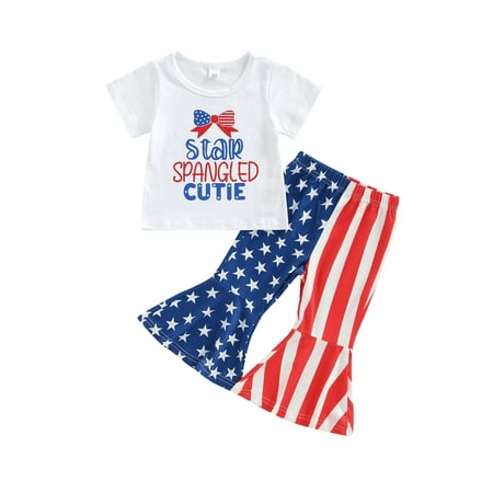 

Toddler Girl Independence Day Outfits Set Bowknot Print Short Sleeve T-shirts + Stripe Stars Ruffle Flare Pants