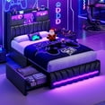 thumbnail image 6 of Twin Size Bed Frame with Storage Headboard and 2 Drawers,Leather Upholstered Platform Bed with Hidden Bookcse Headboard and Charging Station ,Twin Size Gaming Bed with RGB LED Light,Black, 6 of 9