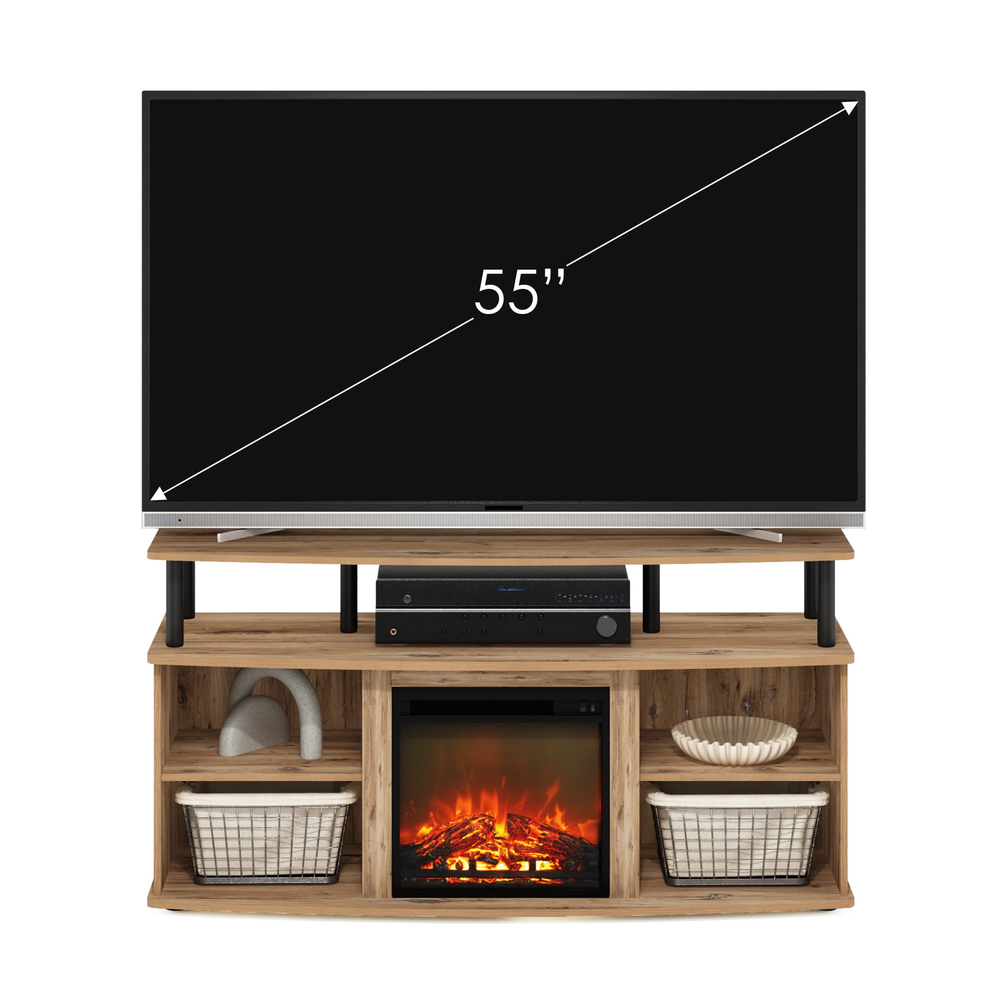 Furinno JENSEN Open Shelving Storage Fireplace Entertainment Flagstaff Oak/Black