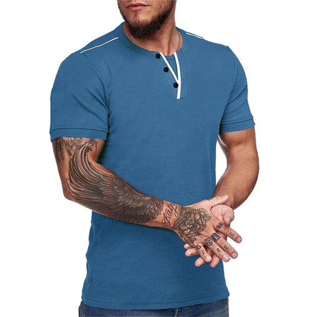 T-Shirts Male Spring Summer Top Button Blouse Pure Color Short Sleeve Casual Athletic Shirts Mens Blue XL