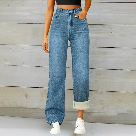 FUFULIN Womens Jeans High Waisted Wide Leg Jeans Loose Fit Thermal Fleece Lined Denim Jeans for Women Womens Blue Jeans Women's Clothing
