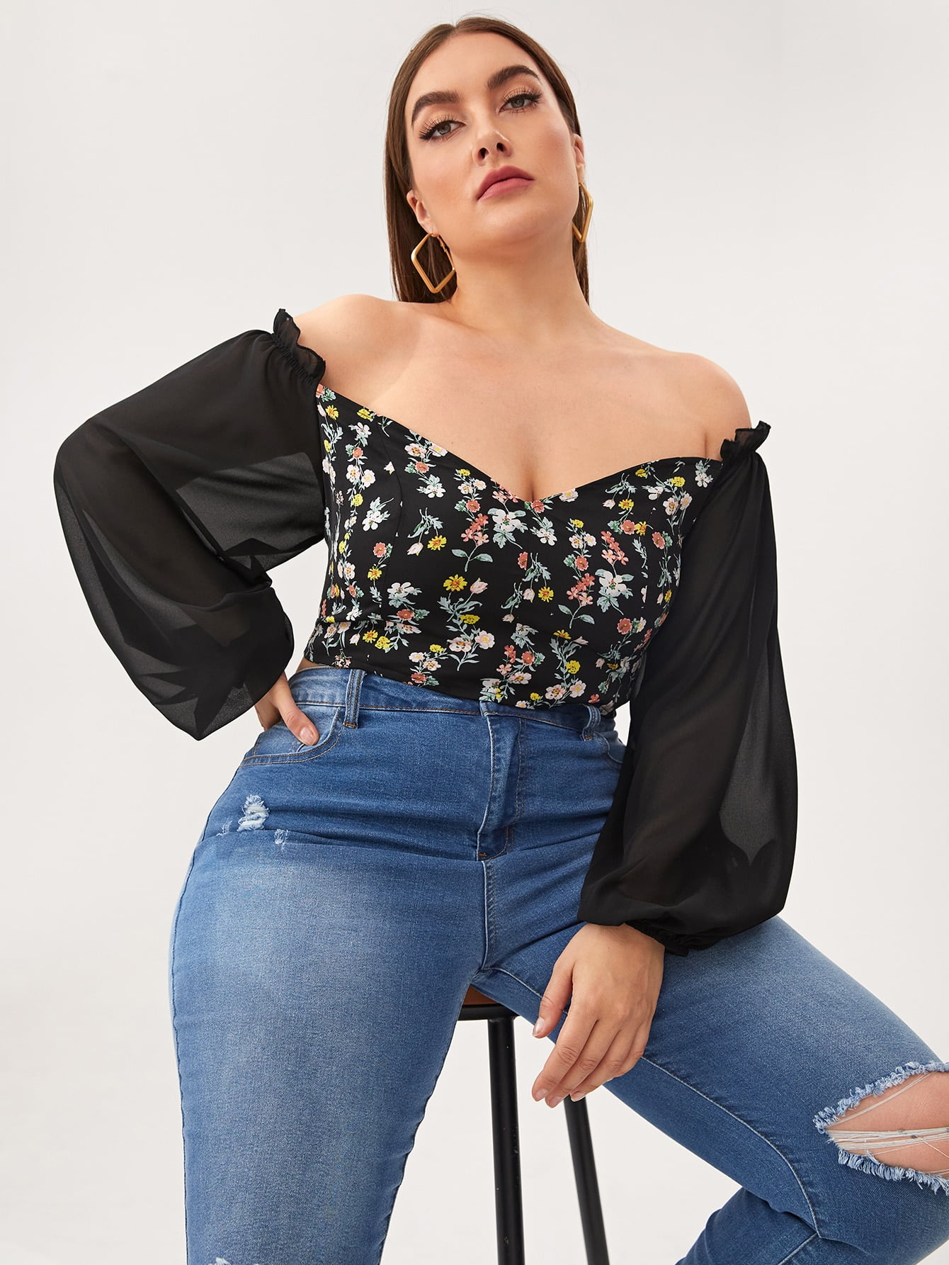 Plus Size Lantern Sleeve Floral Bardot 