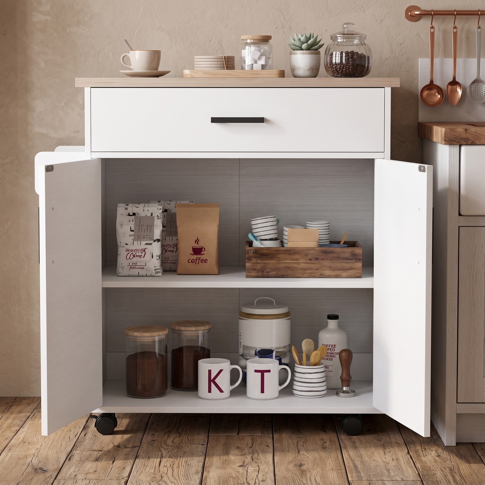 Furnibear Rolling Kitchen Island Cart with Storage Drawer, 2-Tier Cabinet, Spice Rack and Towel Bar, Portable Utility Cart on Locking Wheels for Kitchen Dining, White