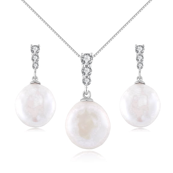 YAMI 11 mm Button White Pearl Necklace Earrings Set, 925 Sterling Silver, Three-Diamond CZ, Cultured Pearl  Mother's Day Jewelry Gift for Women