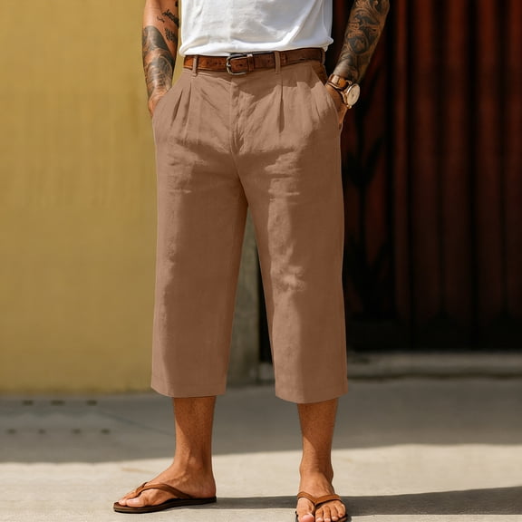 Men's Shorts Casual Cotton Linen Button Elastic Waist Summer Beach Golf Shorts with Pockets Camel M