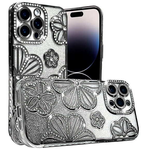 For Apple iPhone 15 Pro Max Luxury Floral Design Sparkle Glitter Diamond Crystal Rhinestone Shimmer Bling Plating Thick TPU Hard PC Cover, XPM Phone Case [Flower Black]
