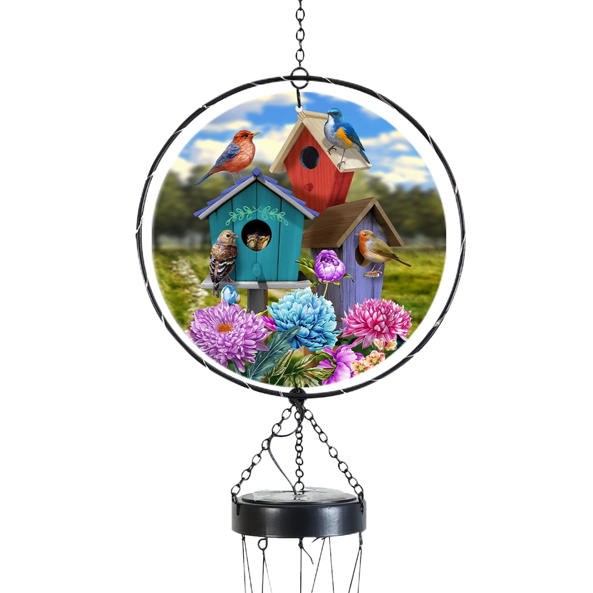 Briarwood Lane Spring LED Illuminated Solar Powered Glass Suncatcher  Wind Chime 37x8 Colorful Birdhouses For Spring Wind Chime For Outdoors Melodic Metal Windchimes Wind-Chimes