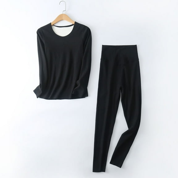 Women's Cotton Long-Sleeve Shirt and Full-Length Bottom Pajama Set Ndbuld Women's Solid Color Thick Warm Long Sleeves Top Pants Pajama Sets ,Black,L