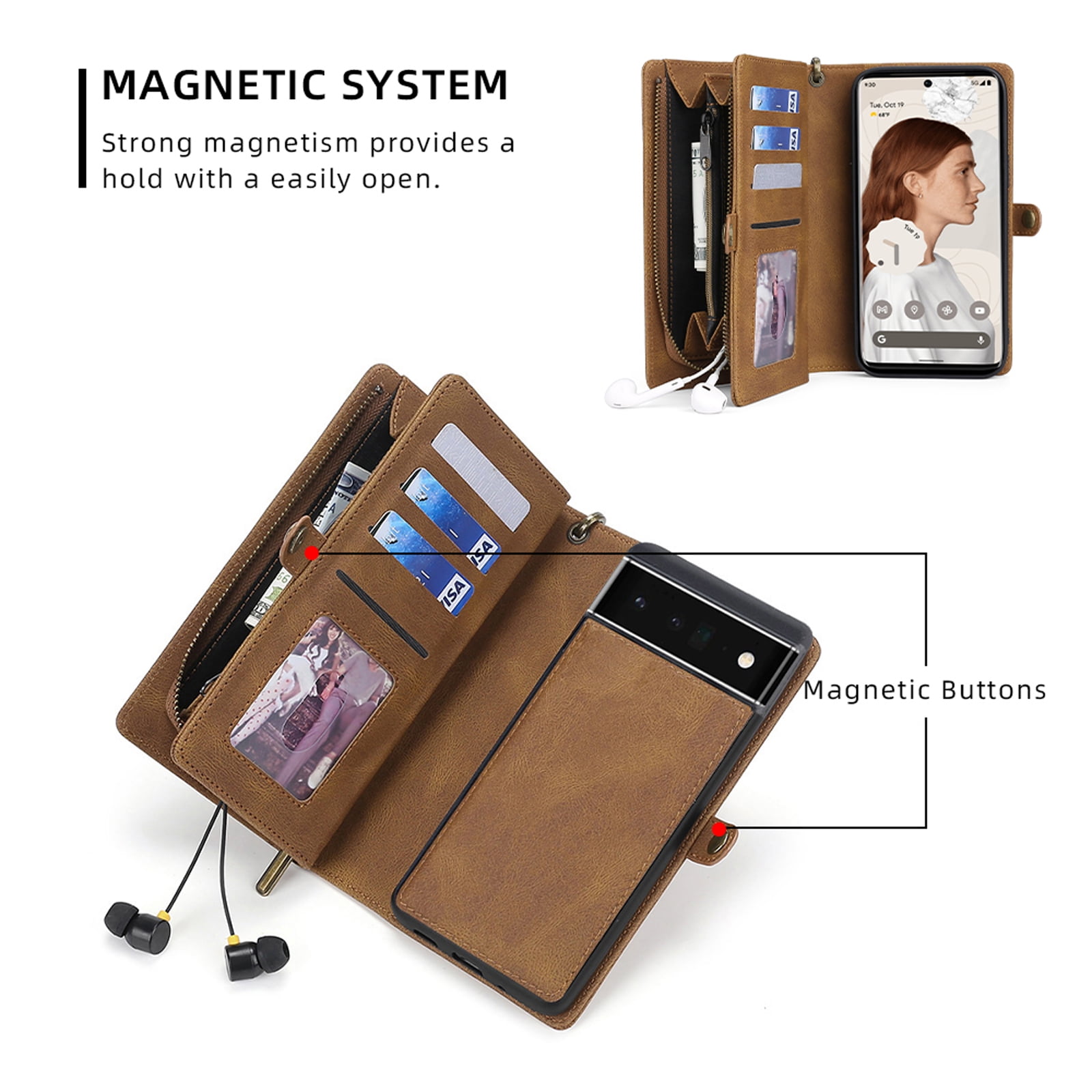 Defencase for Google Pixel 7 Pro Case for Women Men, Removable Durable PU Leather Magnetic Flip Strap Wristlet Zipper Purse Card Holder Detachable Wallet Phone Cases for Google Pixel 7 Pro, Brown