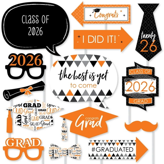 Big Dot of Happiness Orange 2026 Graduation Party Photo Booth Props Kit - 20 Count