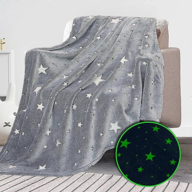 Glow in The Dark Blanket for Kids Unique Birthday Gifts for Girls Boys Teens Soft Cozy Warm Fuzzy Cute Throw Blanket All Seasons Gray Glowing Stars Bl