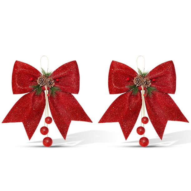 Moyic 2 piezas Feliz Navidad Bowknot Navidad Lentejuelas Guirnalda Adornos Bola de pino brillante Colgantes Corbata Artesanía Regalo Decoración Kits de decoración para fiestas Rojo 2 piezas Moyic HA009456-02