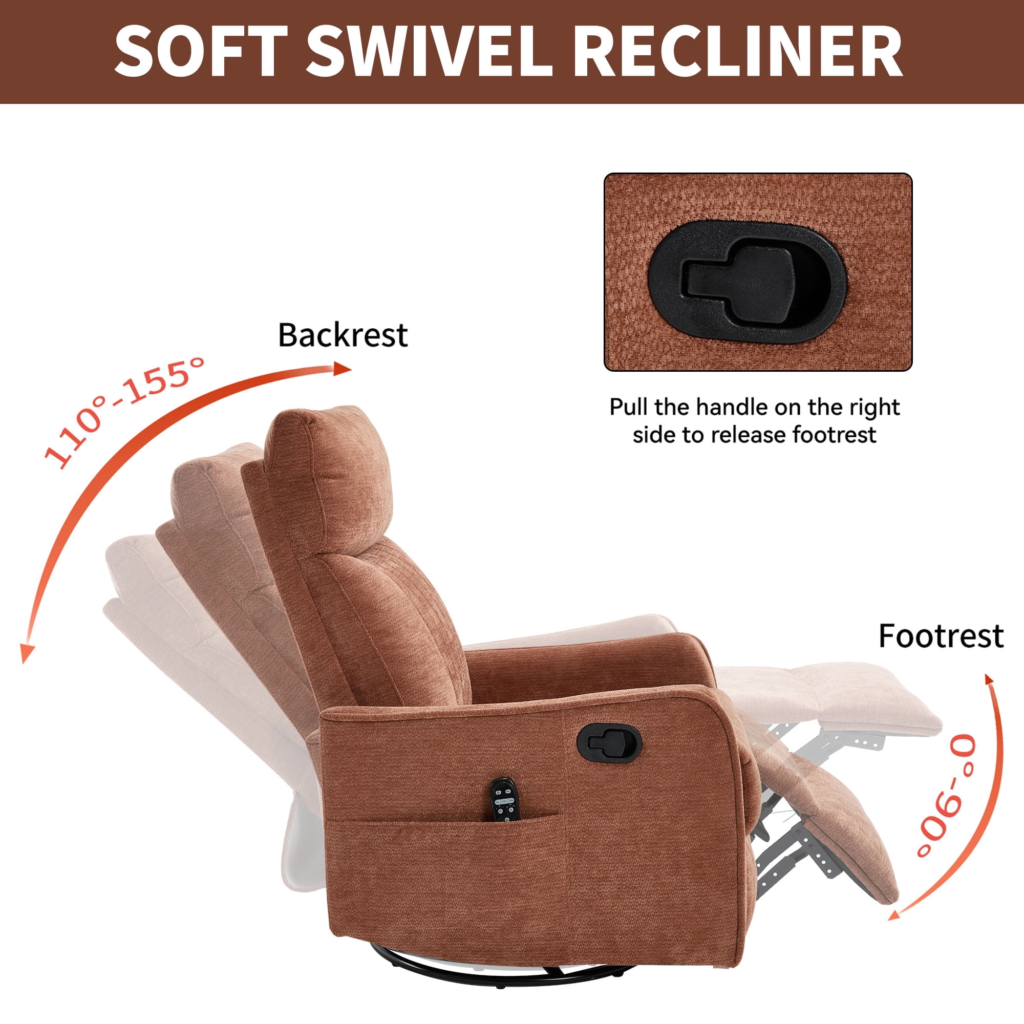 MAYEERTY Chenille Swivel Rocker Recliner Chair, Manual 155° Recline Glider Chair with 8-Point Vibration Massage & Lumbar Heat, for Living Room Nursery Home Office