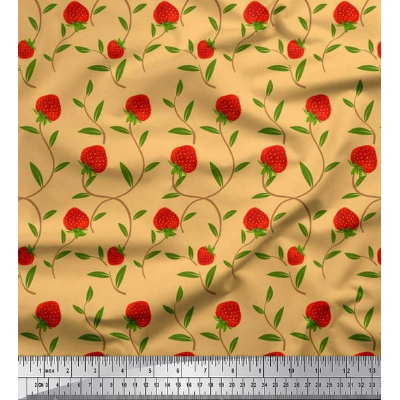 Soimoi Georgette Viscose Fabric Leaves & Strawberry Fruits Fabric Prints By Yard 42 Inch Wide
