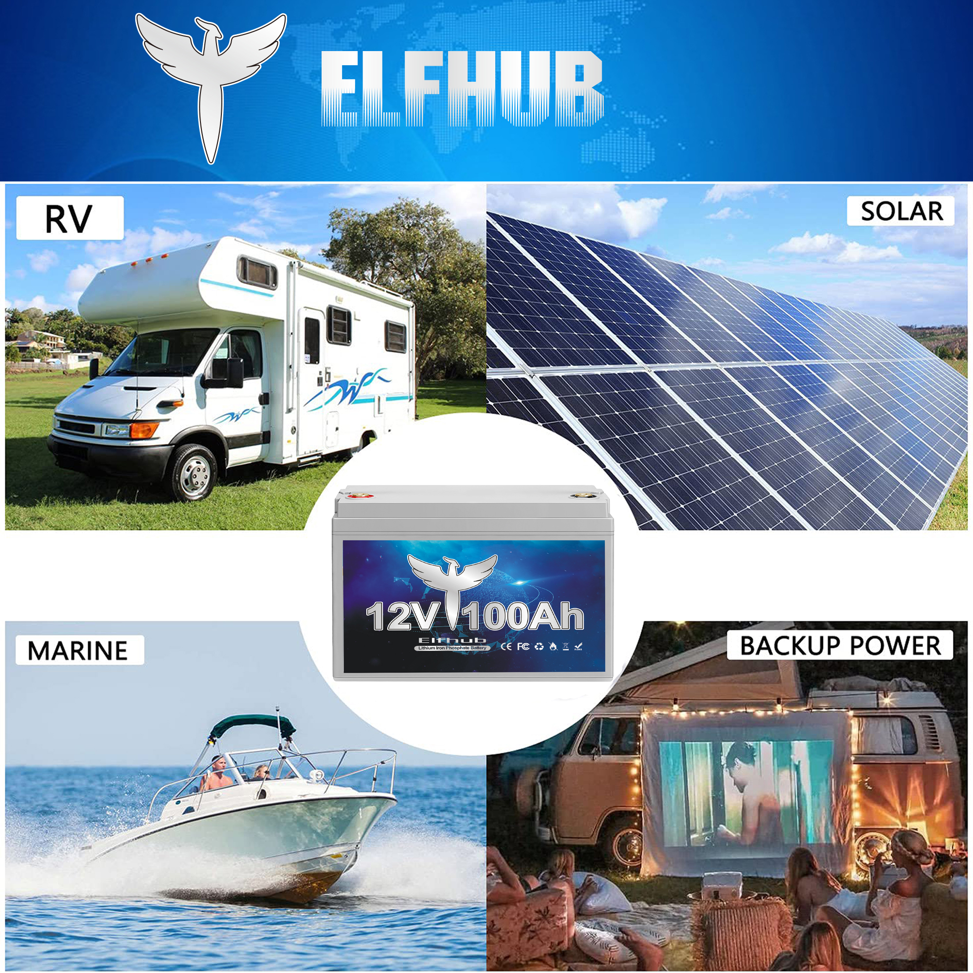 Elfhub 12V 100Ah Bluetooth LiFePO4 Lithium Battery, 100A BMS,Low temperature protection with Up to 8000 Cycles, Max. 1280Wh Energy LiFePO4 Battery, Perfect for RV, Solar, Trolling Motor,Off-Grid, Boat