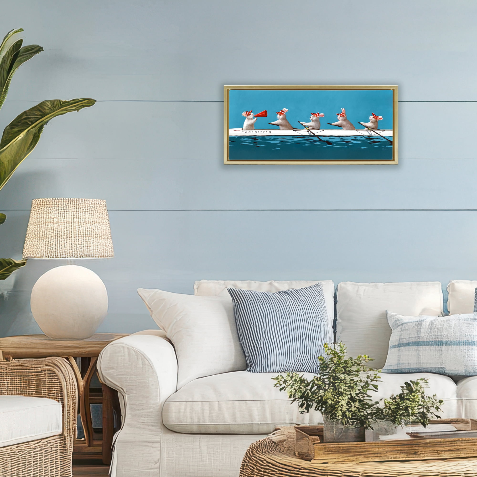 Stupell Industries Bunnies In The Boat Gold Framed Floater Canvas Wall Art, design by Lucia Heffernan