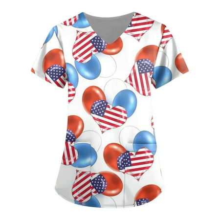 

4th Of July American Flag Tops Scrubs For Women Tops Plus Size Plus Size Print V Neck Short Sleeve With Pocket Women s Working Uniform Nursing