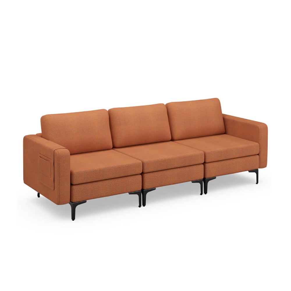 Finihen Sectional Sofa Couch, 3-Seat Sectional Sofa Couch with Armrest Magazine Pocket and Metal Leg, for Living Room, Bedroom, Orange