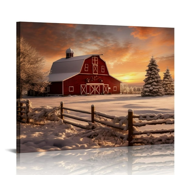 EastSmooth Winter Scenes Pictures Old Red Barn Canvas Wall Art Winter House Painting Winter Barn Prints Snow Scenery Wall Art Christmas Winter Poster Rustic Red Barn Canvas Snowy Landscape Wall Art