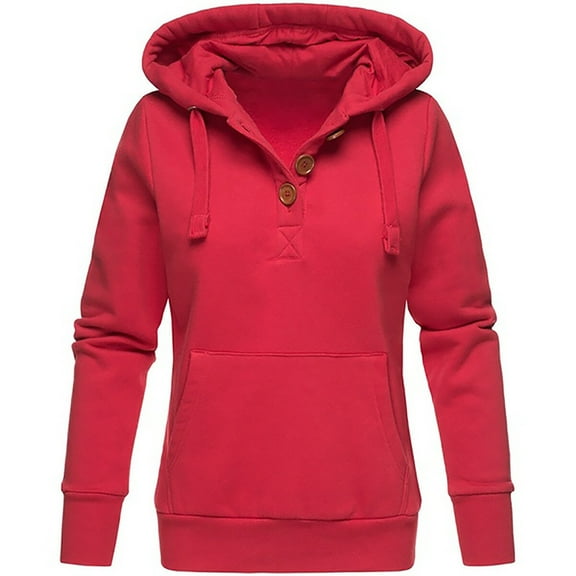 Fesfesfes Women Hooded Ladies Solid Hooded Button Long Sleeve Sweatshirt Pullover Tops Shirt or