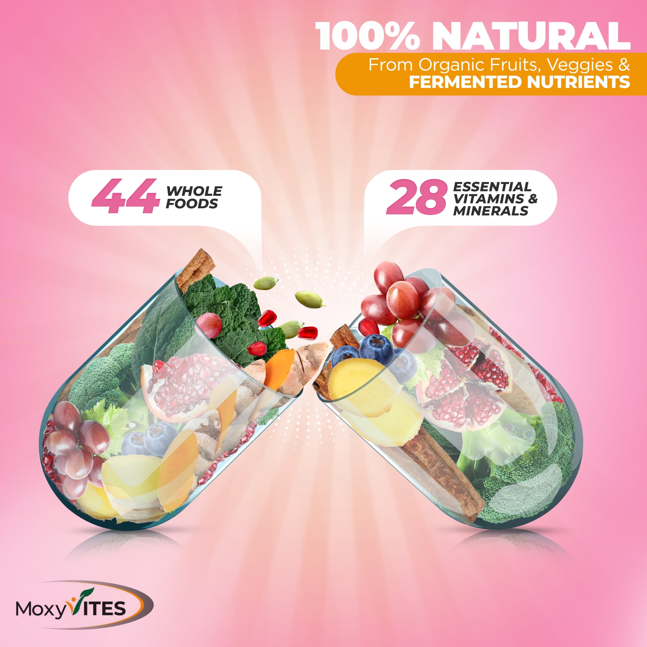 MoxyVites Women's Multivitamins, Methylated, with Iron, Whole Food, Probiotics, 44 Fermented Nutrients, Vegan, 90 Count