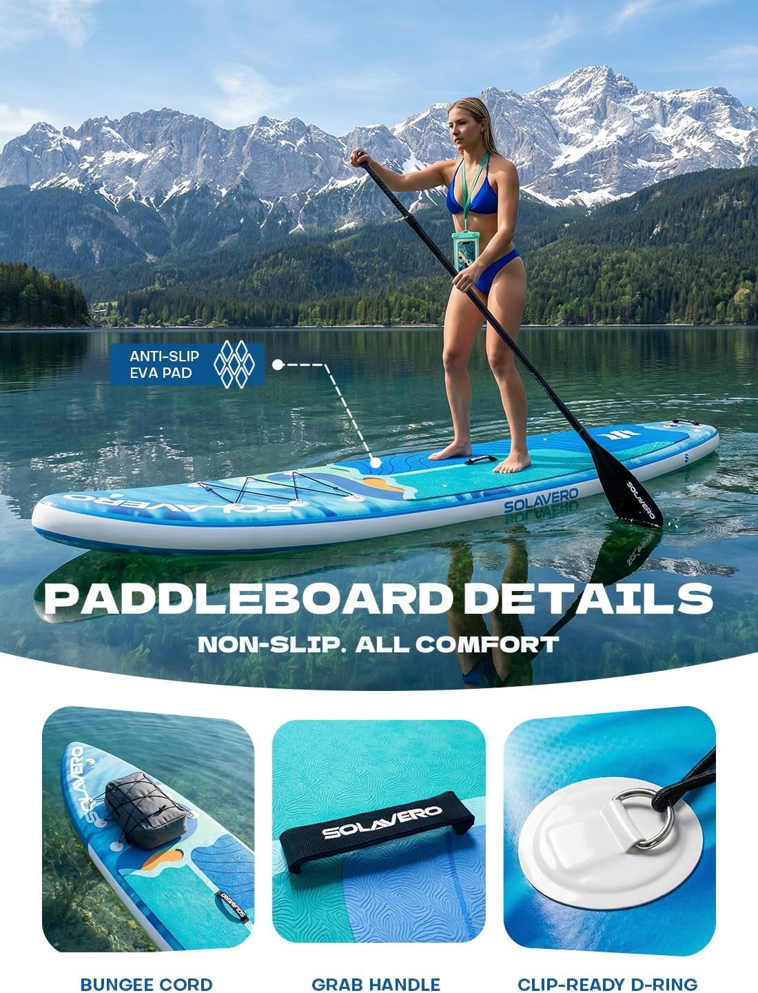 SOLAVERO Inflatable Stand Up Paddle Board with SUP Accessories, Anti-Slip EVA Deck, 11'×33" Blow Up Paddle Board Adults & Youth