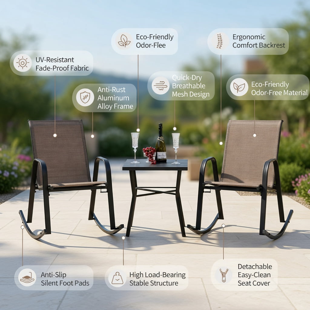 Hommoo 2-Pack Heavy-Duty Metal Rocking Chairs for Patio, Rust-Resistant Steel Frame, Breathable Fabric Seat, Indoor & Outdoor Use, Brown