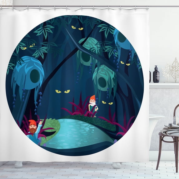 Gnome Shower Curtain, Halloween Theme with Scary Ghost Devil Eyes Deep in the Forest Cartoon Design, Fabric Bathroom Set with Hooks, 69W X 84L Inches Extra Long, Teal Night Blue, by Ambesonne
