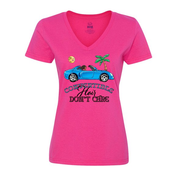 Inktastic Convertible Hair Don't Care with Black Hair and Blue Car Women's V-Neck T-Shirt