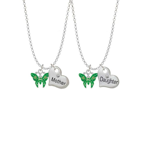 Delight Jewelry Silvertone Lime Green Butterfly with 2 Lime Green Crystals Mother & Daughter Heart Necklaces (Set of 2), 19" 2"