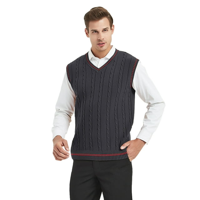 TOPTIE Men's 100% Cotton Knit Sweater Vest, V Neck Cable Pattern