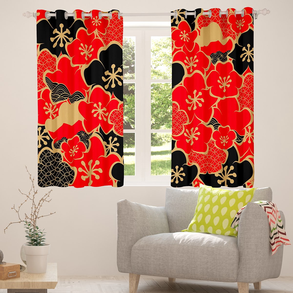Japanese-Style Curtains Women Cherry Blossoms Curtains & Drapes, Black and Red 30%-50% Blackout Curtains Girly Flower Floral Bedroom Curtains, Exotic Oriental Window Treatments