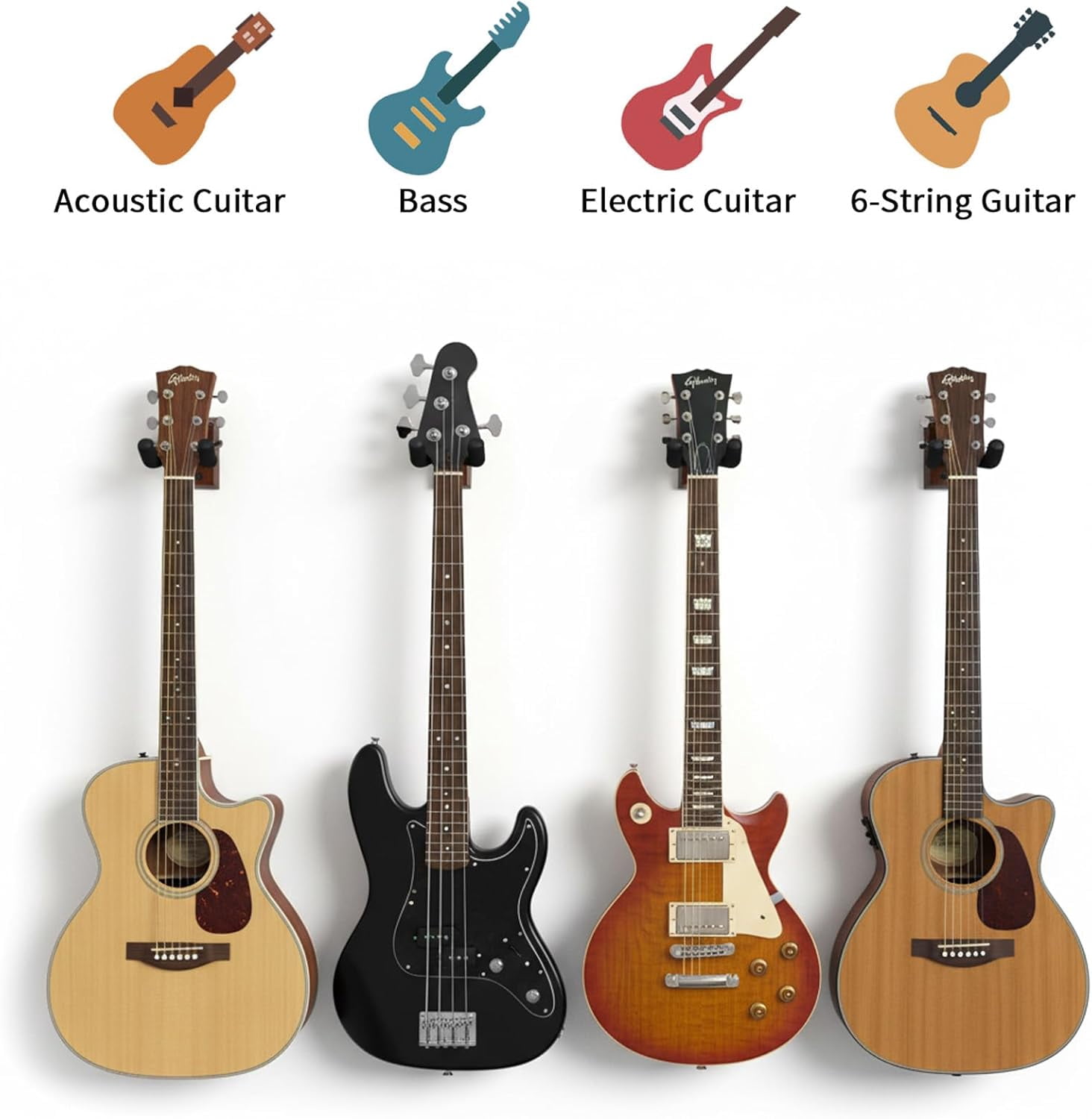 4 Pack Guitar Wall Mount, Black Walnut Wood Guitar Hanger U-Shaped Wall Hanger Mount with Rotatable Soft Guitars Hook for Acoustic Guitars Bass, Easy to Install, Gift for Guitarplayer