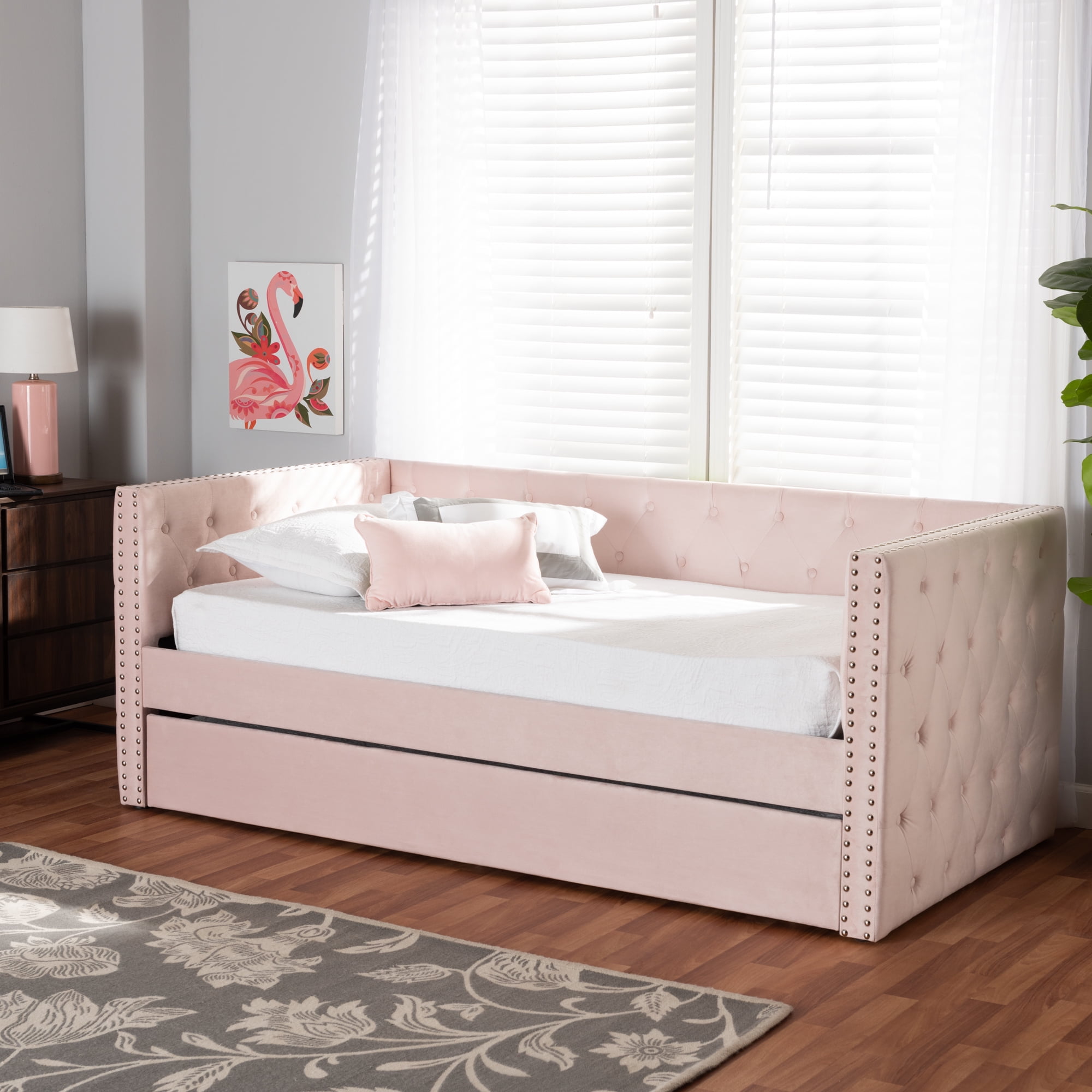 Baxton Studio Larkin Contemporary Upholstered with Trundle Daybed, Twin, Pink