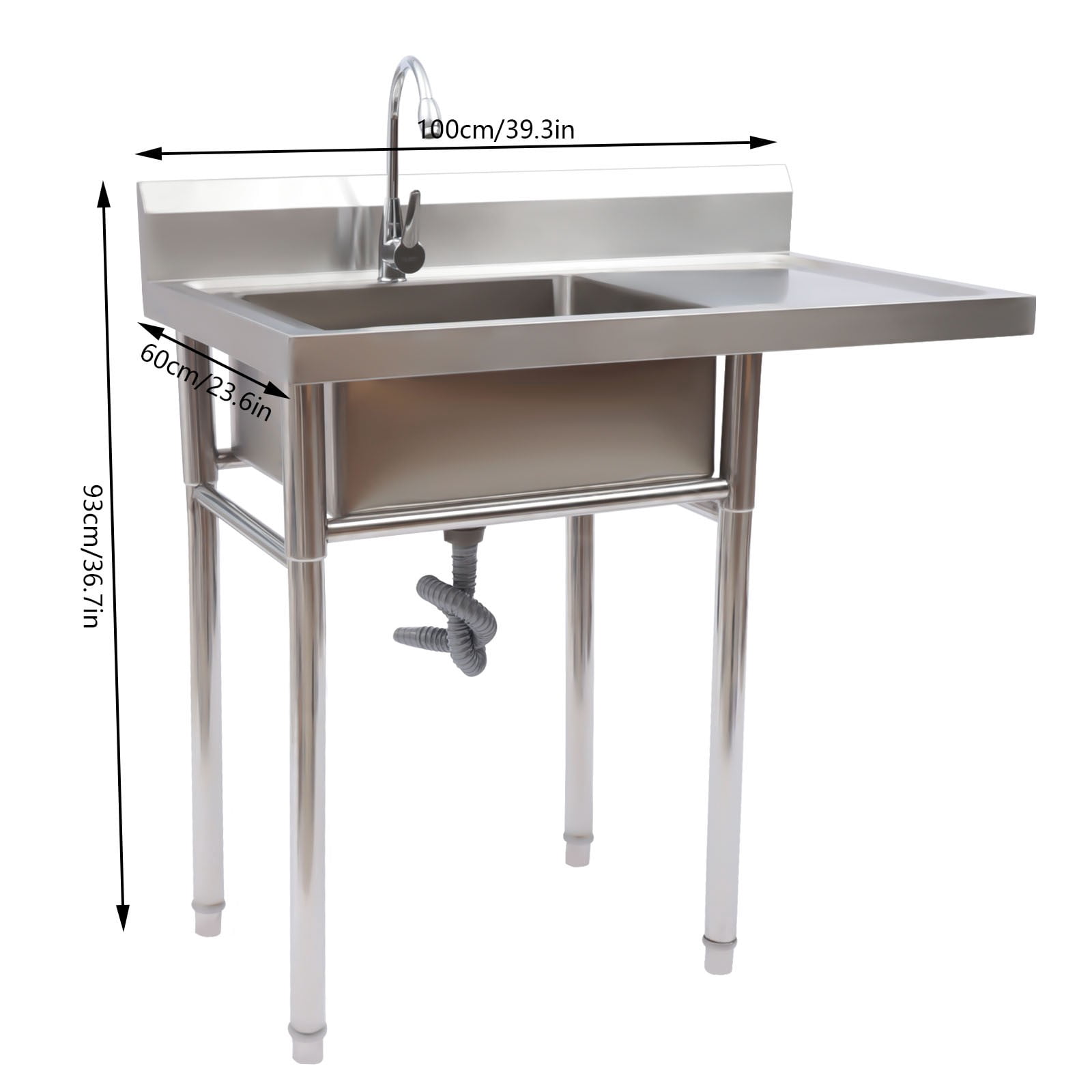 Stainless Steel Sink, 39.3 x 23.6 x 36.7 Inch Single Bowl Kitchen Sink, 4 Inch Backsplash Splash Guard, for Home Kitchen or Commercial Use