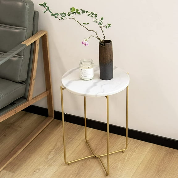 Real Marble Top Gold Metal Round 15 in Side End Table with Modern Lightweight Bedside Small Coffee Table Plant Stand for Living Room Bedroom Small Space