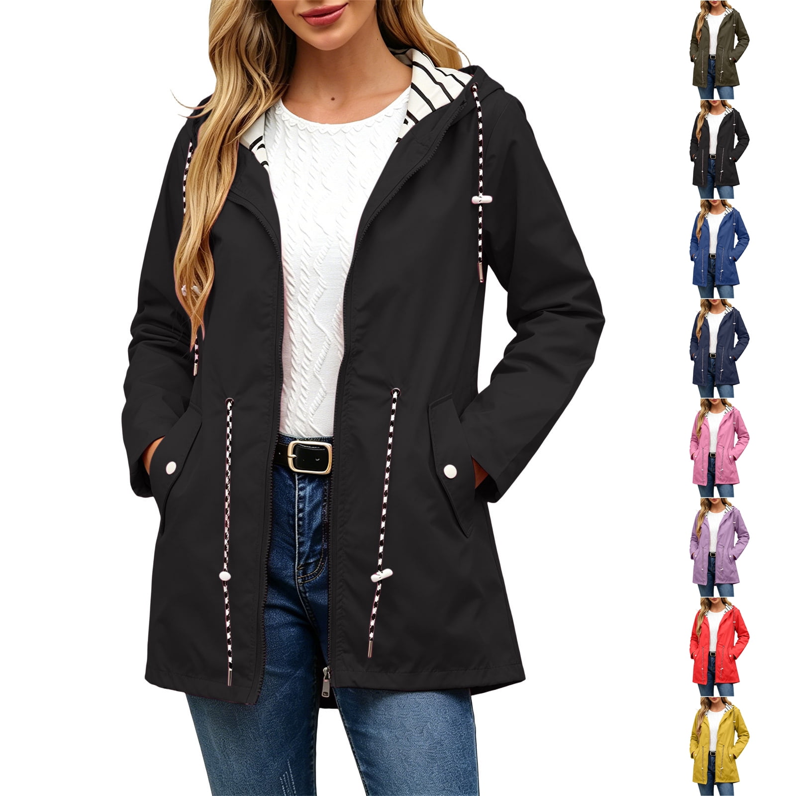 TGSLY Women s Drawstring Hooded Raincoat Lightweight Zip Up Long Sleeve Trench Coat Casual Adjustable Cinch Waist Solid Color Anorak Jacket with Pockets M